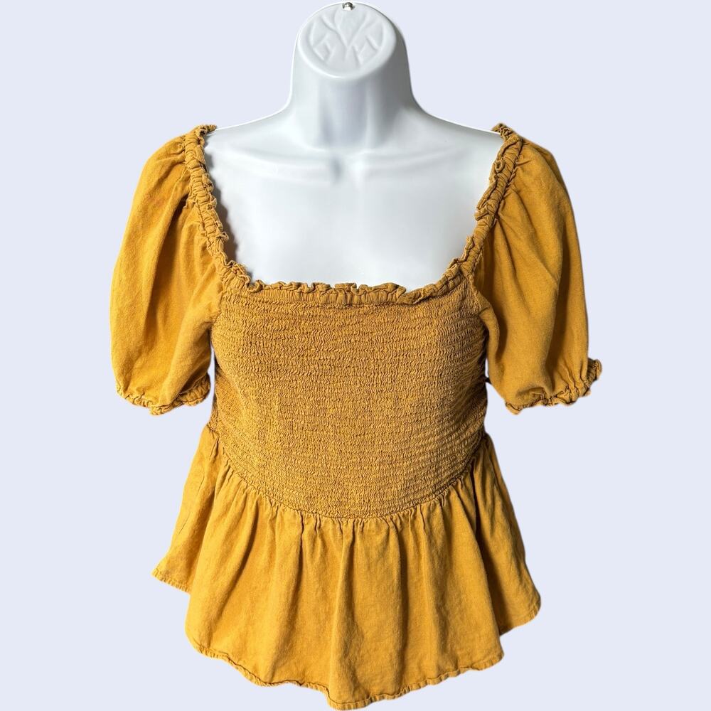 Old Navy linen-blend smocked peplum puff sleeve top S mustard square neck